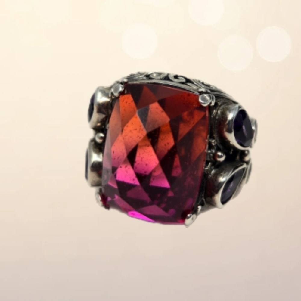 Mystic Quartz Ring Sz 5.5 Sterling Silver Amethyst Citrine Brown Stones Ornate